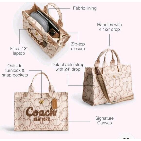 NWT COACH Signature Print Medium Canvas Cargo Tote Neutral Beige Brown Tan New - Picture 2 of 5